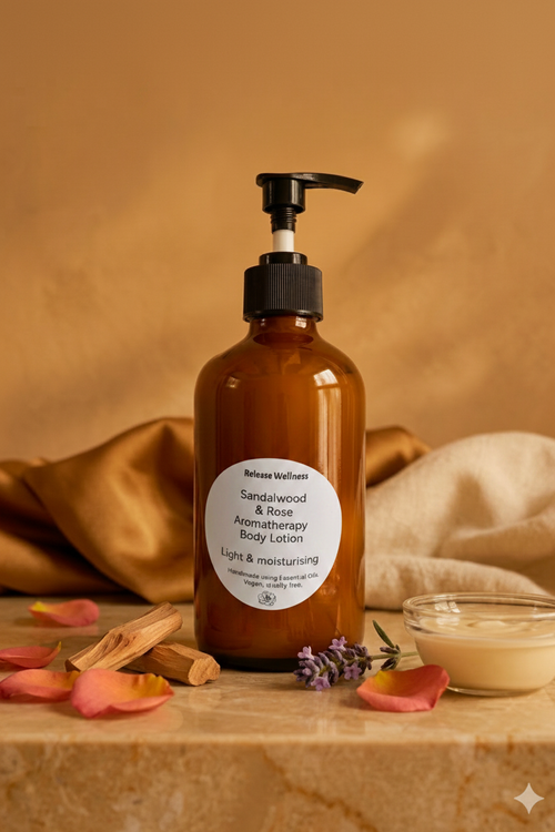 Sandalwood & Rose Lotion Bottle with warm golden background