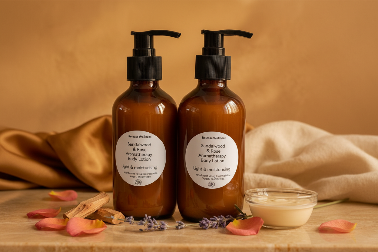 Two Sandalwood & Rose Lotion Bottles with warm golden background
